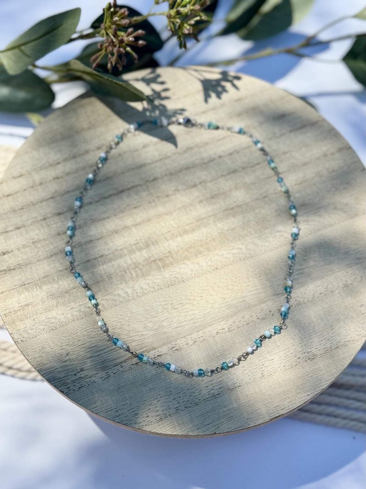 Mother of Pearl and Crystal Beaded Stainless Steel Choker Necklace