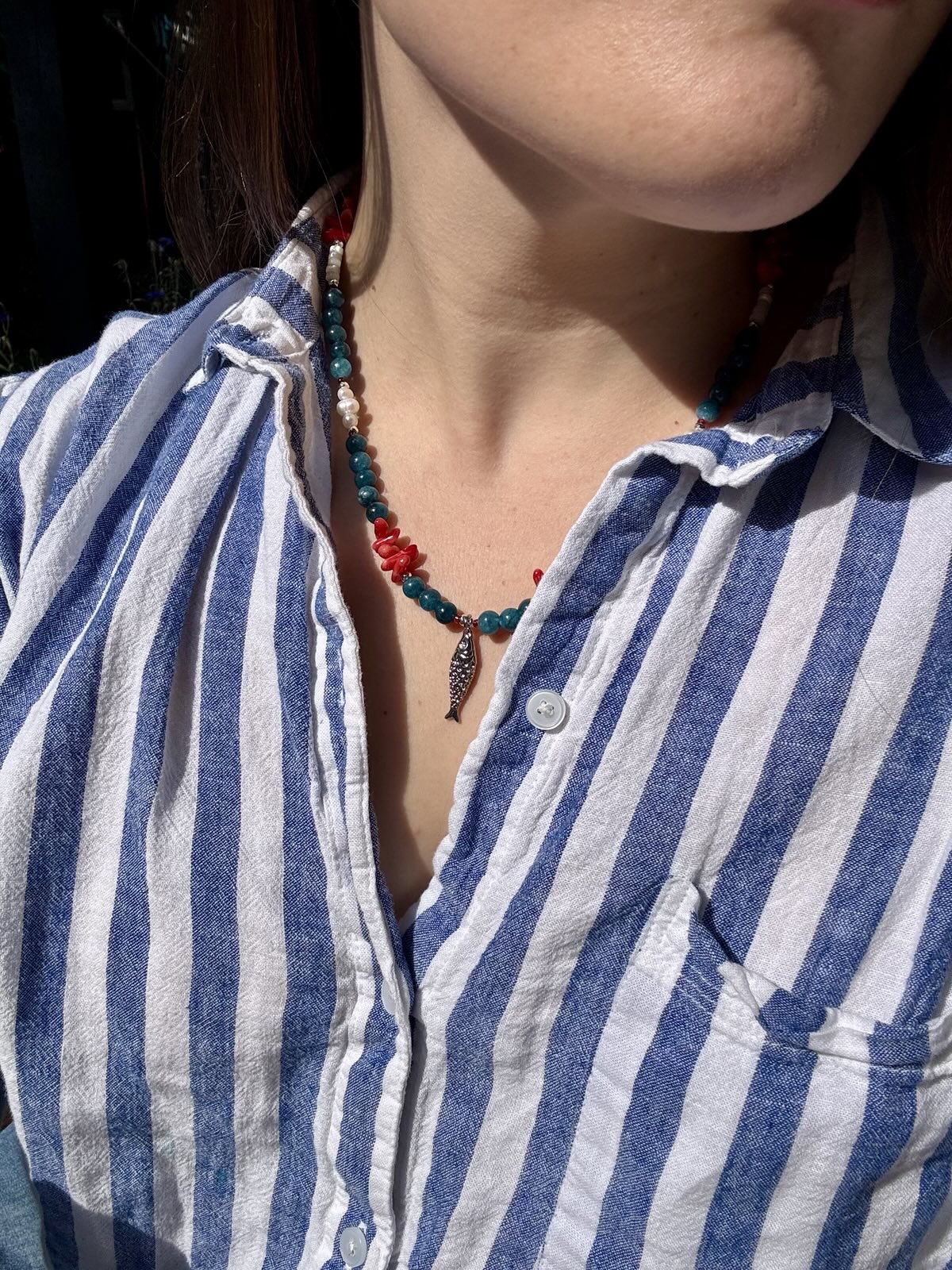 Nautical Necklace | Fish Charm, Coral, and Freshwater Pearl Gold-Filled Necklace