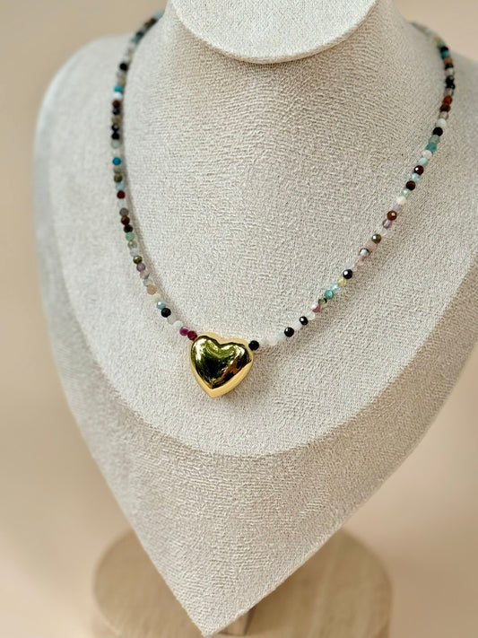 Dainty Gemstone and Gold-Filled Heart Charm Choker Necklace