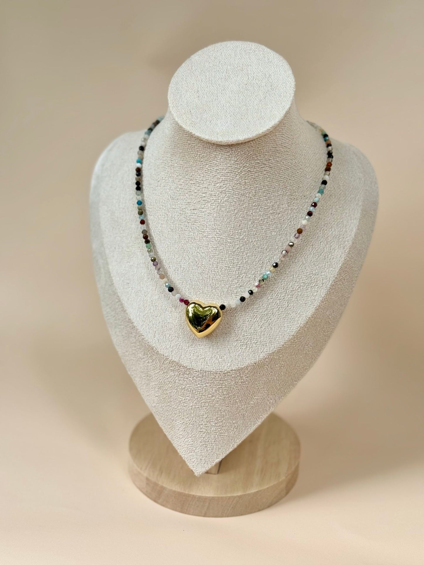 Dainty Gemstone and Gold-Filled Heart Charm Choker Necklace