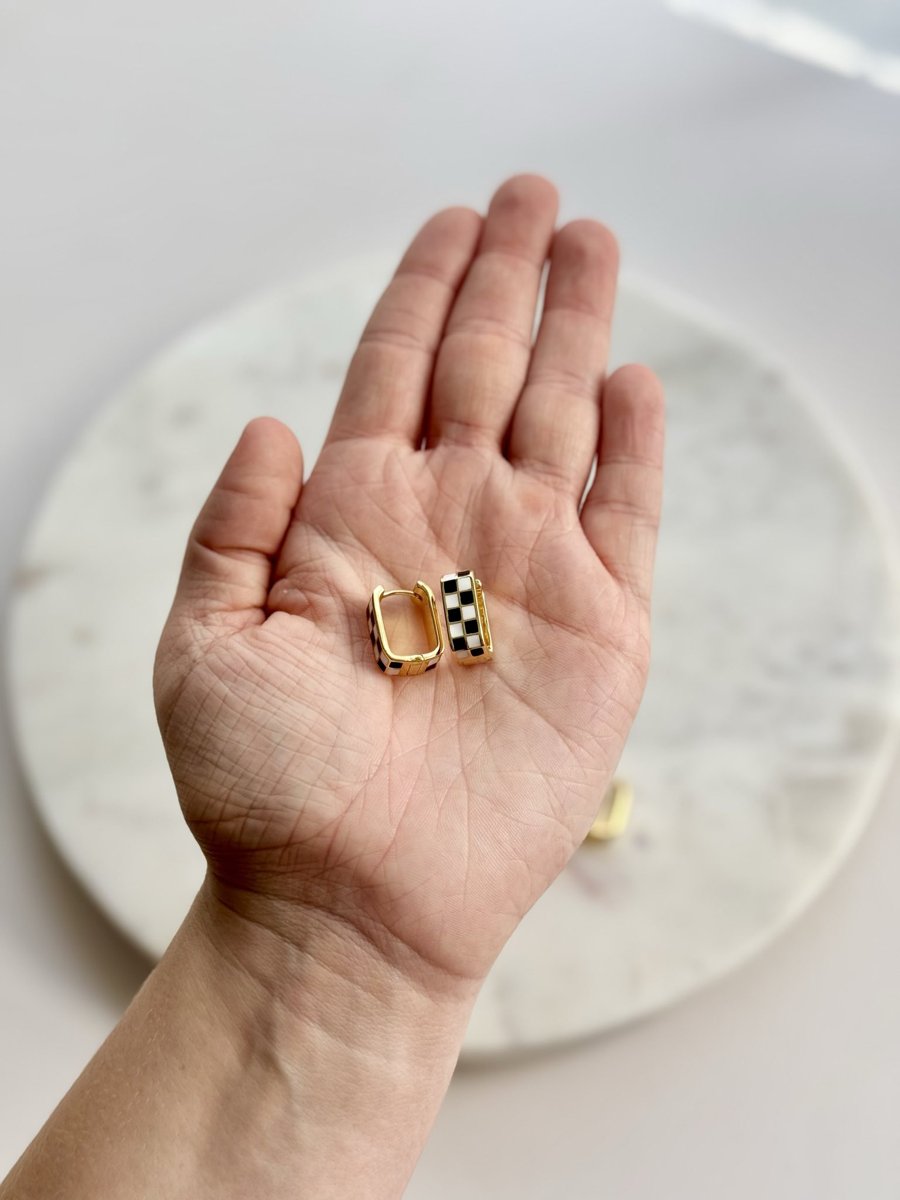 Black & White Checkered Enamel 18k Gold Filled Hoops