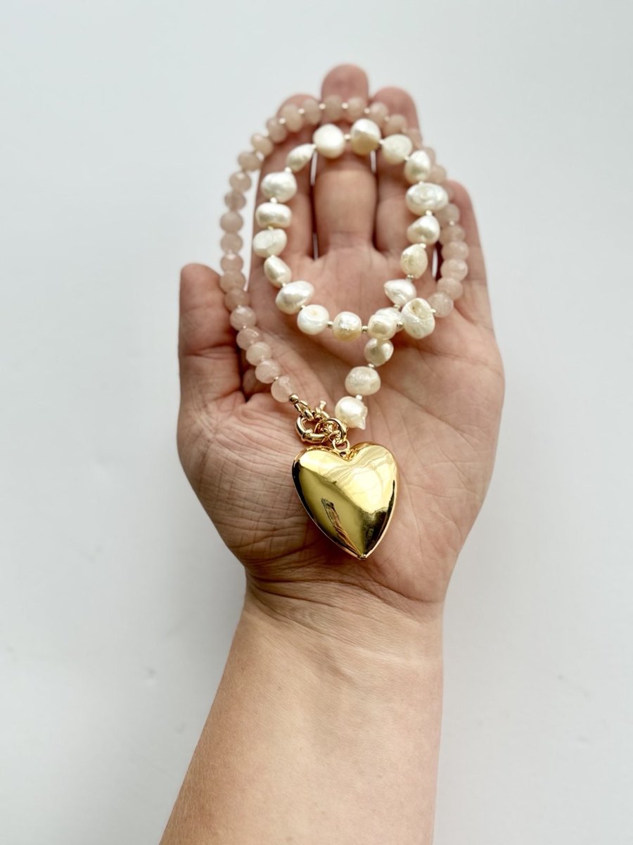 Jade, Freshwater Pearl, and Puffy Heart Charm Gold Filled Necklace
