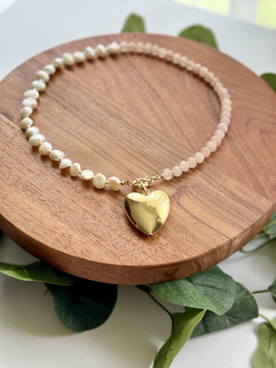 Jade, Freshwater Pearl, and Puffy Heart Charm Gold Filled Necklace