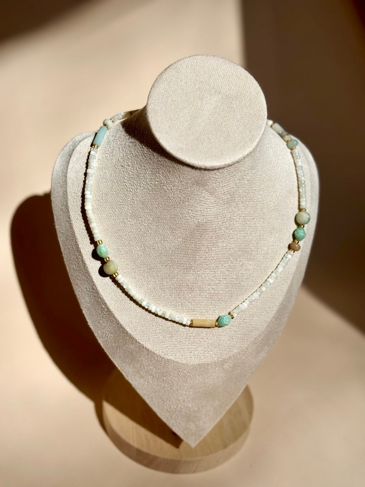 Mother of Pearl and Amazonite Gold-Filled Choker Necklace