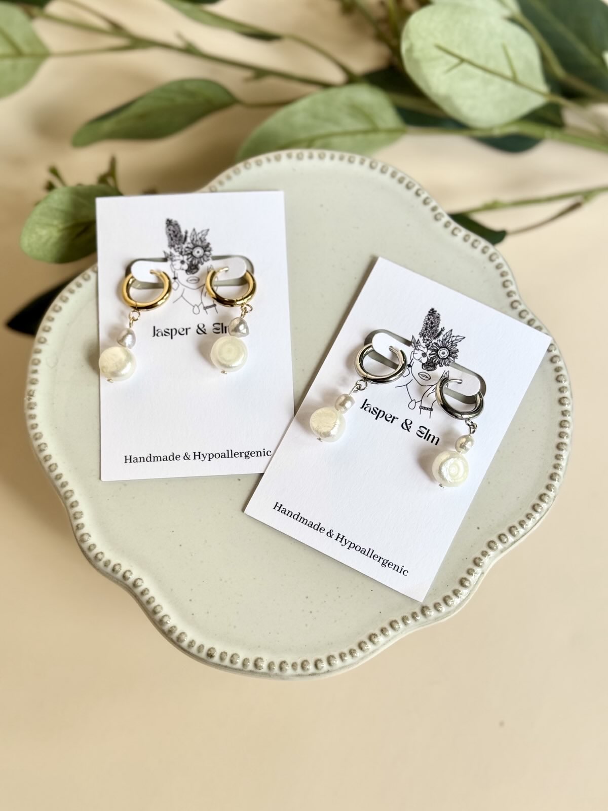 White and Grey Freshwater Pearl Huggie Hoops