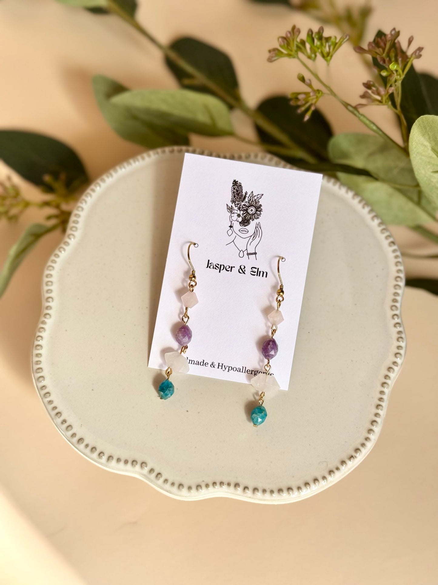 Apatite, Rock Quartz, Lepidolite, and Rose Quartz Dangles