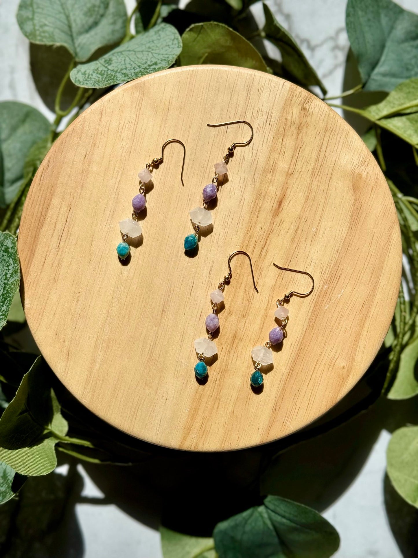 Apatite, Rock Quartz, Lepidolite, and Rose Quartz Dangles