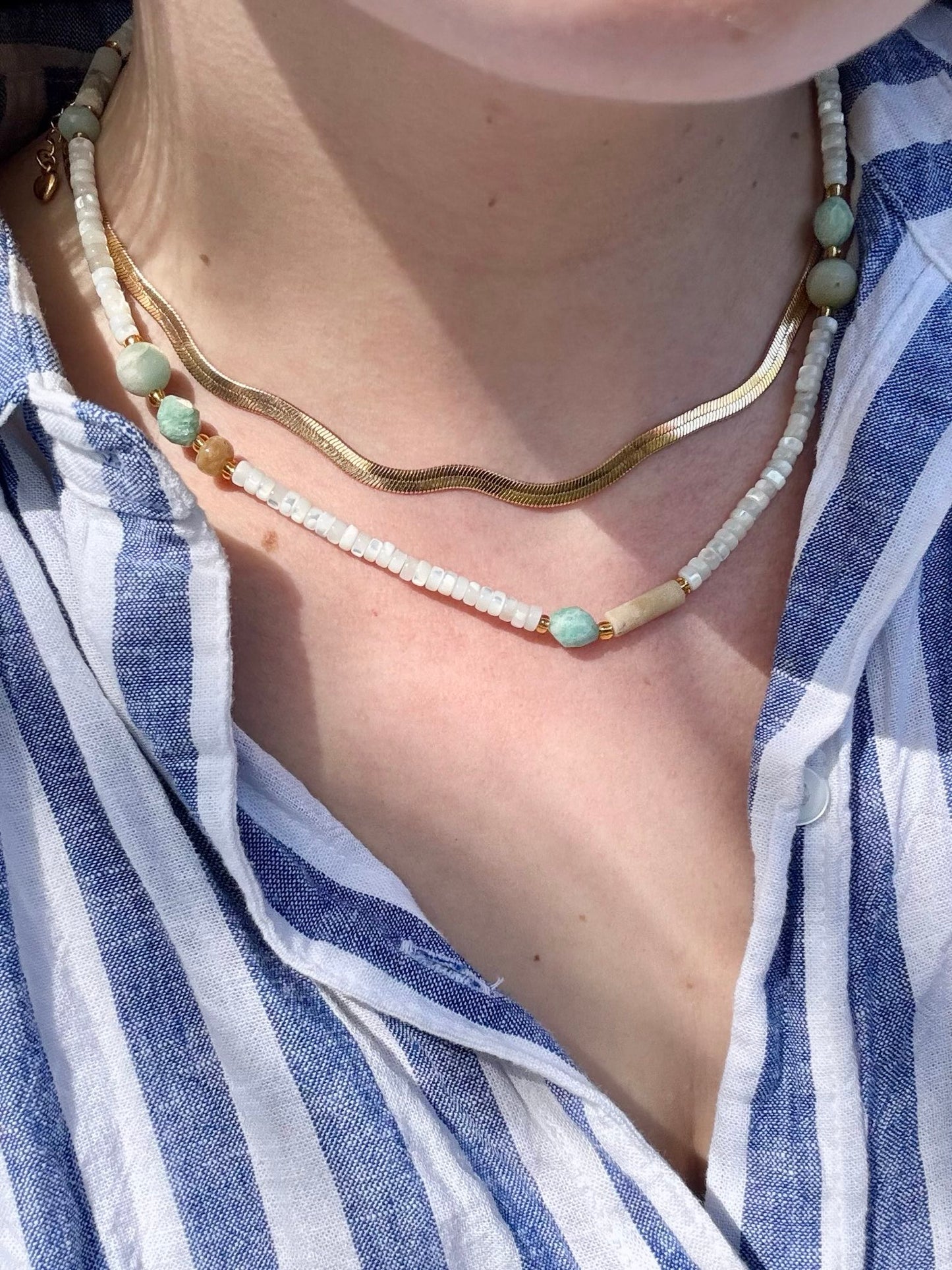 Mother of Pearl and Amazonite Gold-Filled Choker Necklace