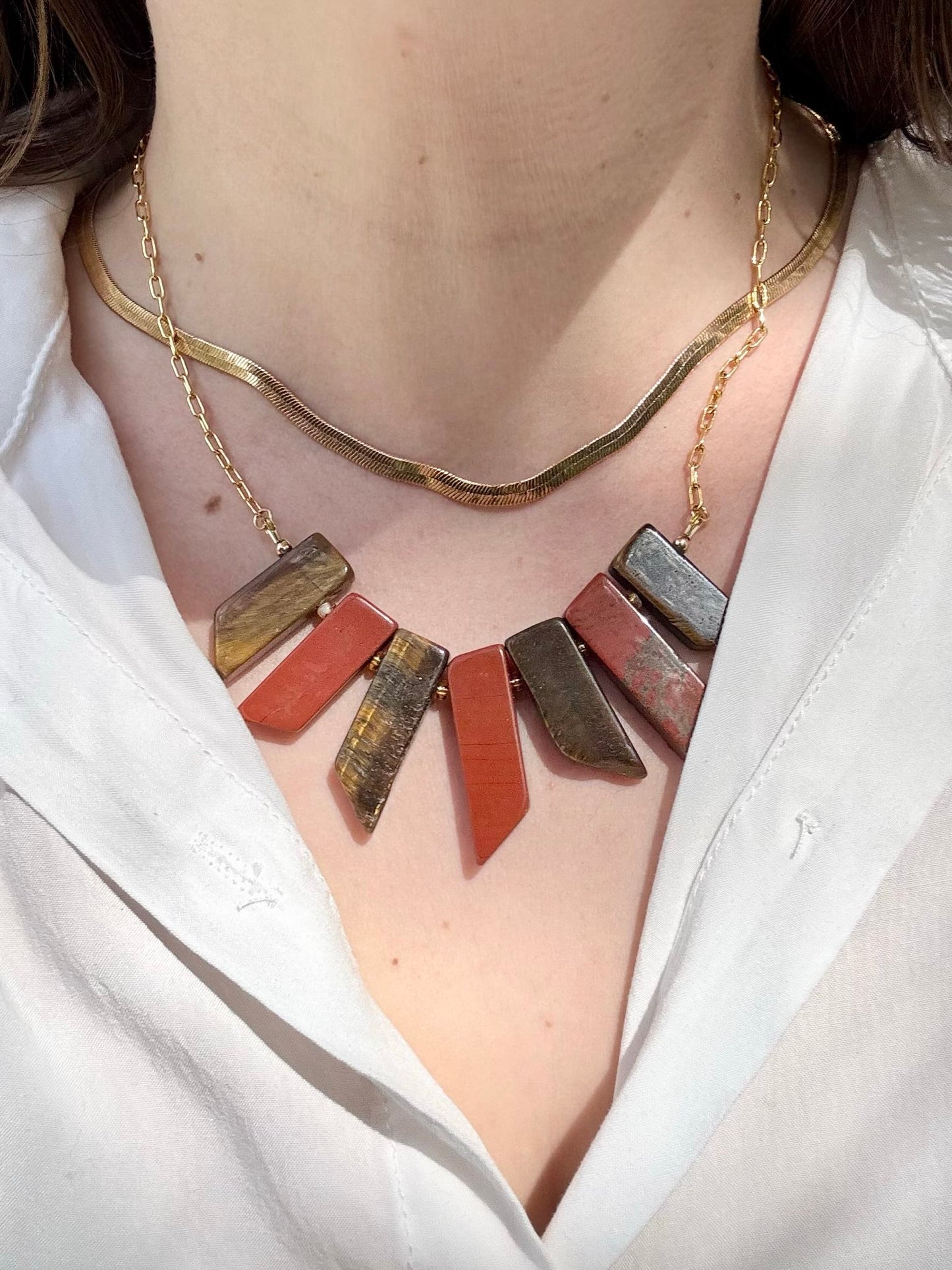 Tiger’s Eye and Red Jasper Gold-Filled Collar Necklace