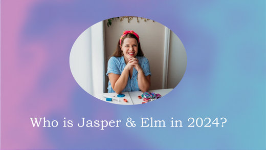 A smiling artisan sitting at her workspace with vibrant polymer clay materials, framed by soft pastel tones and the text 'Who is Jasper & Elm in 2024?