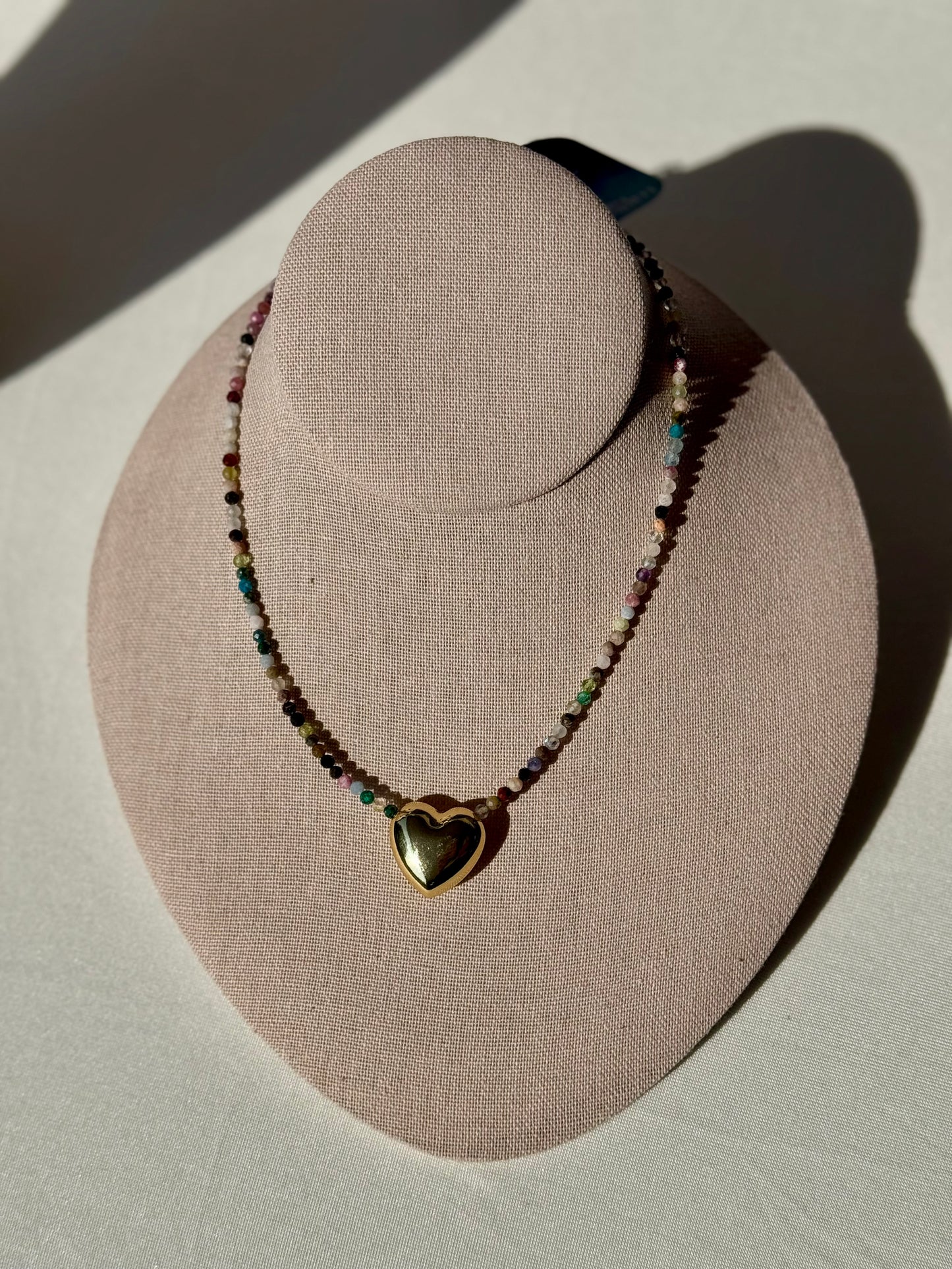 Dainty Gemstone and Gold-Filled Heart Charm Choker Necklace