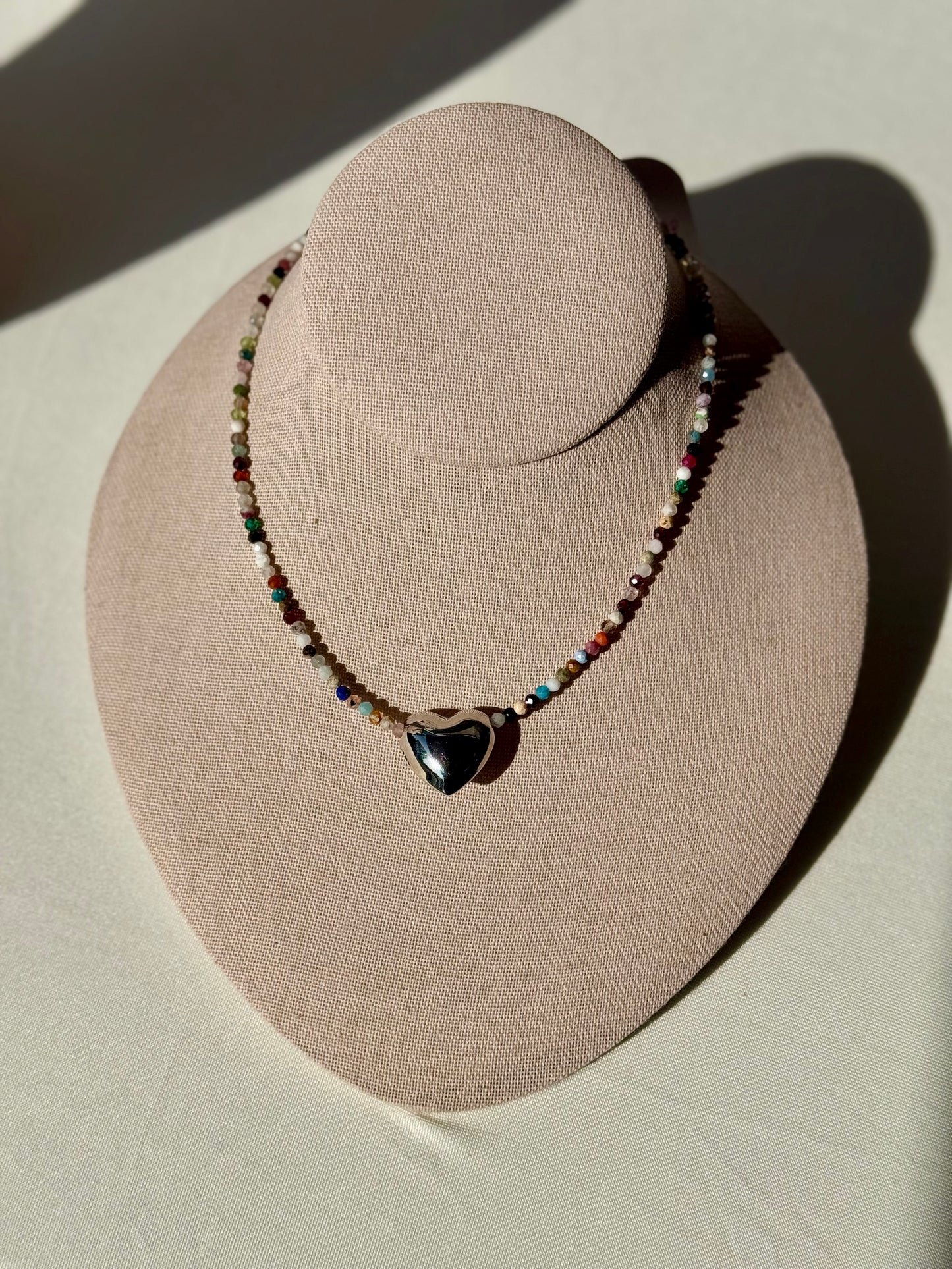 Dainty Gemstone and Gold-Filled Heart Charm Choker Necklace