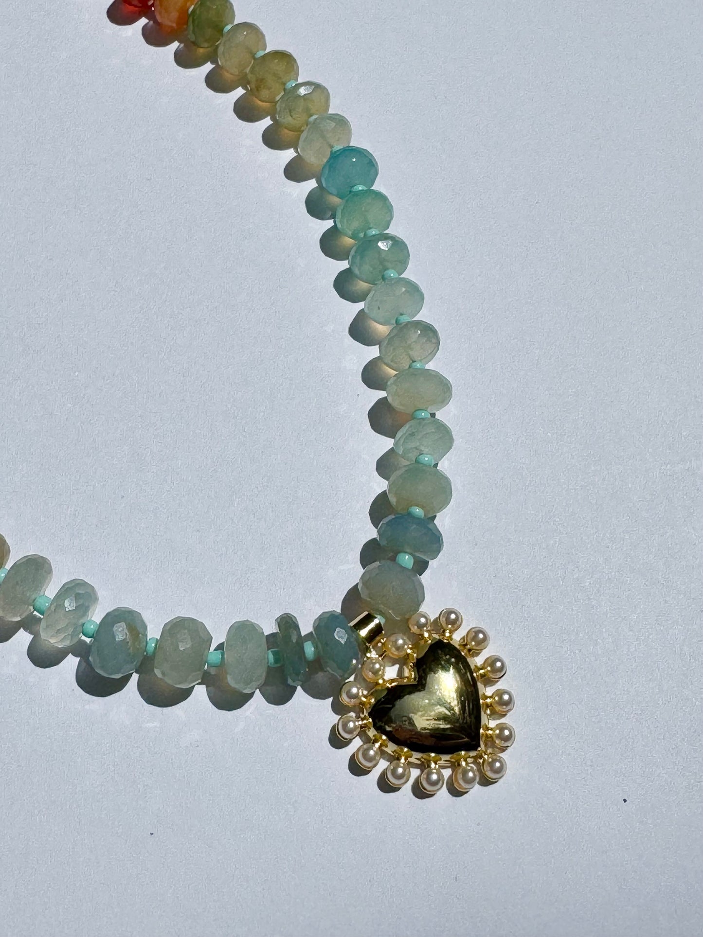 Amazonite and Pearl Heart Charm Gold Filled Necklace