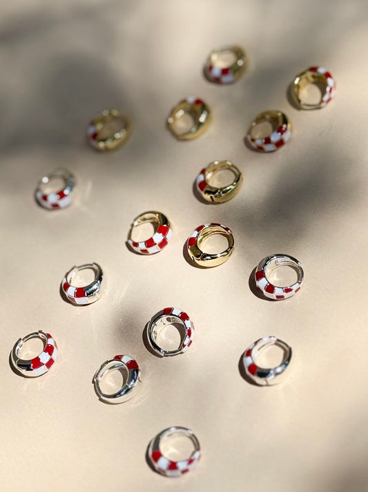 Checkered Enamel Hoops in Red or Black