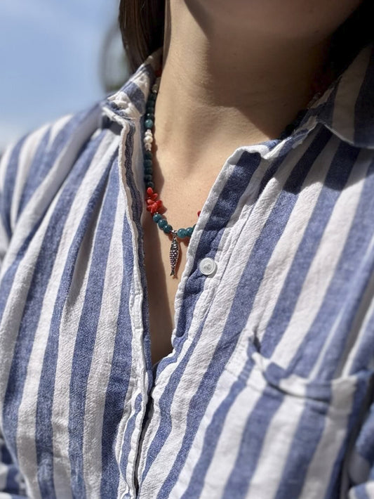 Nautical Necklace | Fish Charm, Coral, and Freshwater Pearl Gold-Filled Necklace