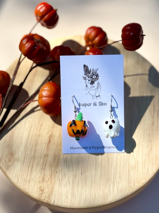 Pumpkin & Ghost Glass Beaded Earrings