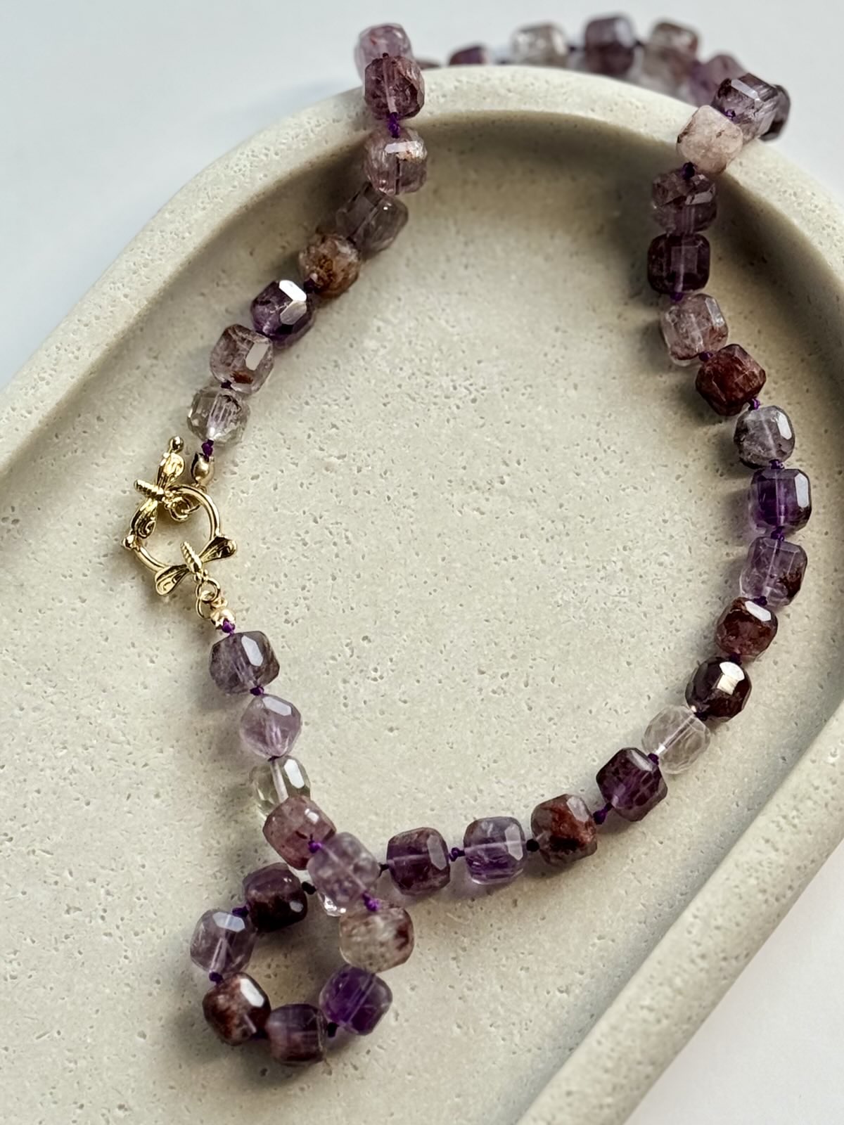 Purple Phantam Quartz Knotted Gold-Filled Necklace & Earring Set