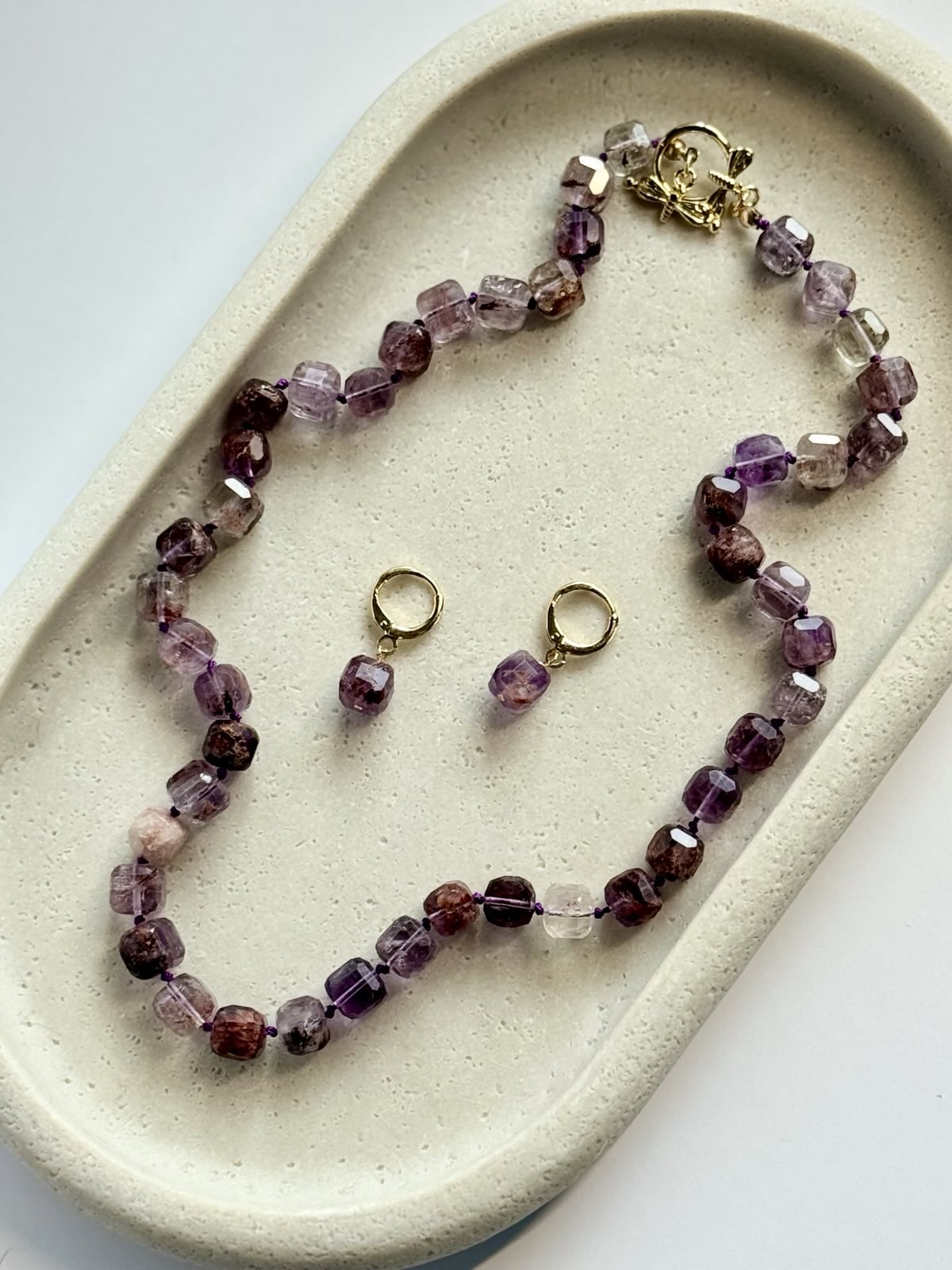 Purple Phantam Quartz Knotted Gold-Filled Necklace & Earring Set