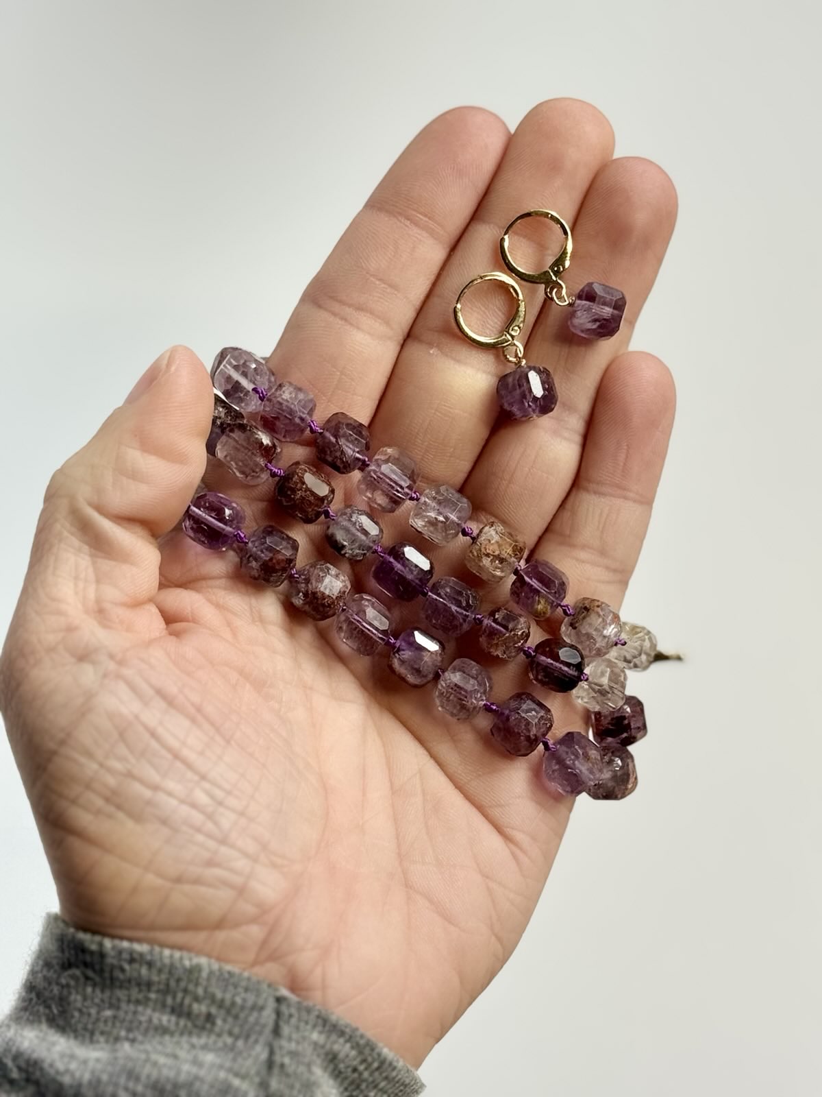 Purple Phantam Quartz Knotted Gold-Filled Necklace & Earring Set
