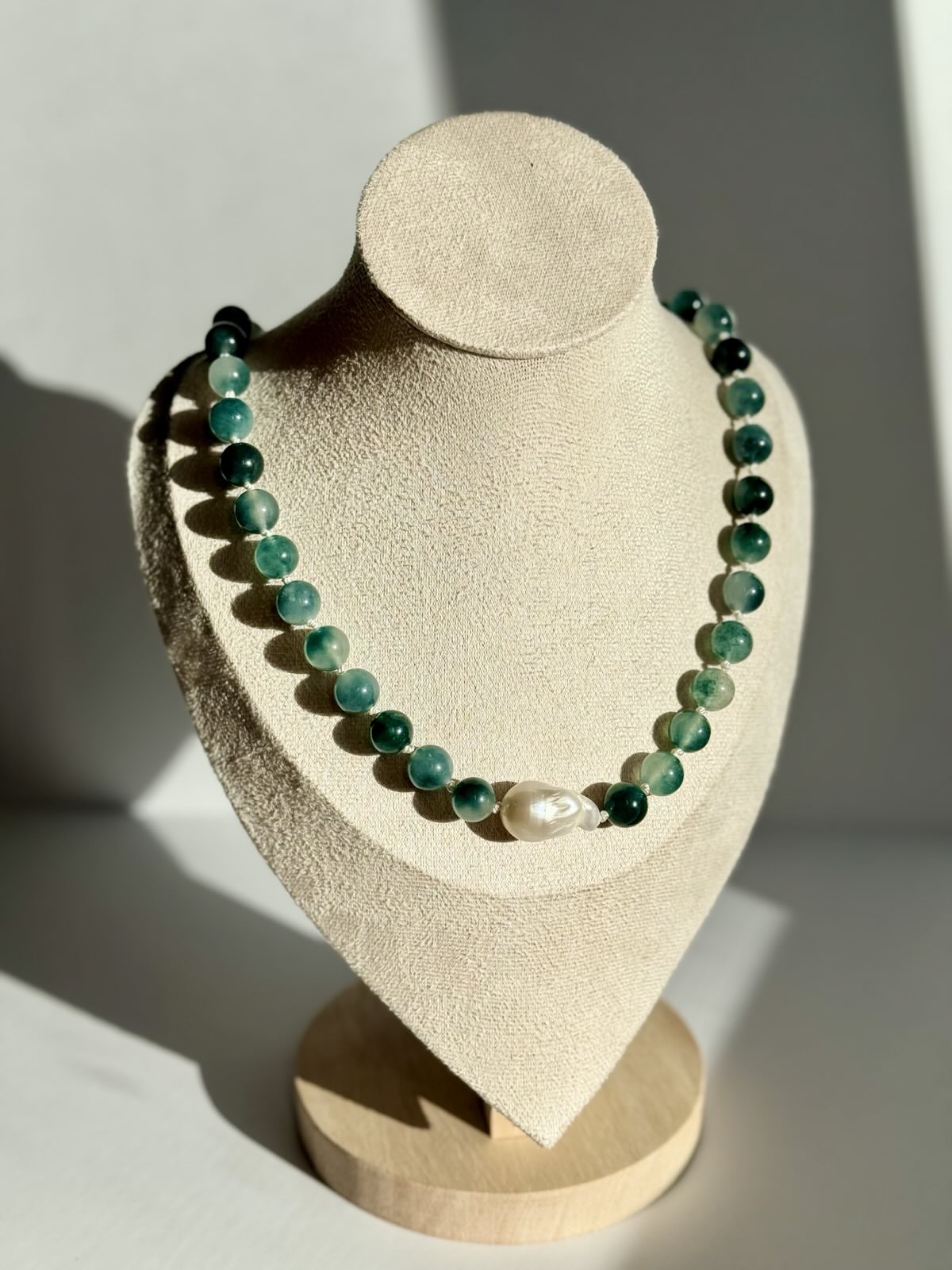 Mist Agate & Freshwater Pearl Knotted Necklace