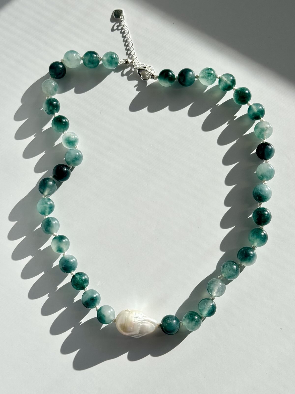 Mist Agate & Freshwater Pearl Knotted Necklace