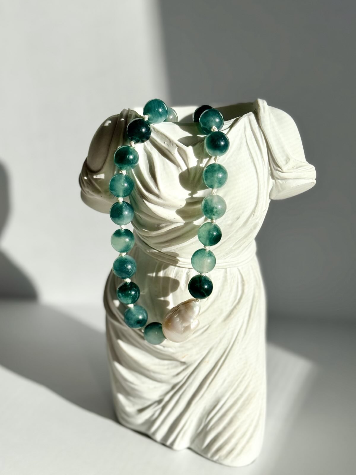 Mist Agate & Freshwater Pearl Knotted Necklace