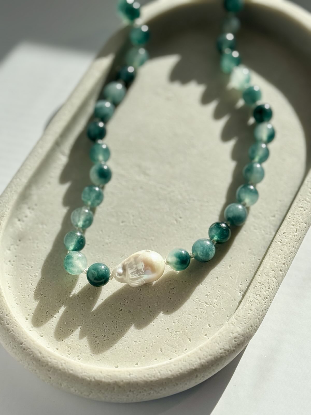 Mist Agate & Freshwater Pearl Knotted Necklace
