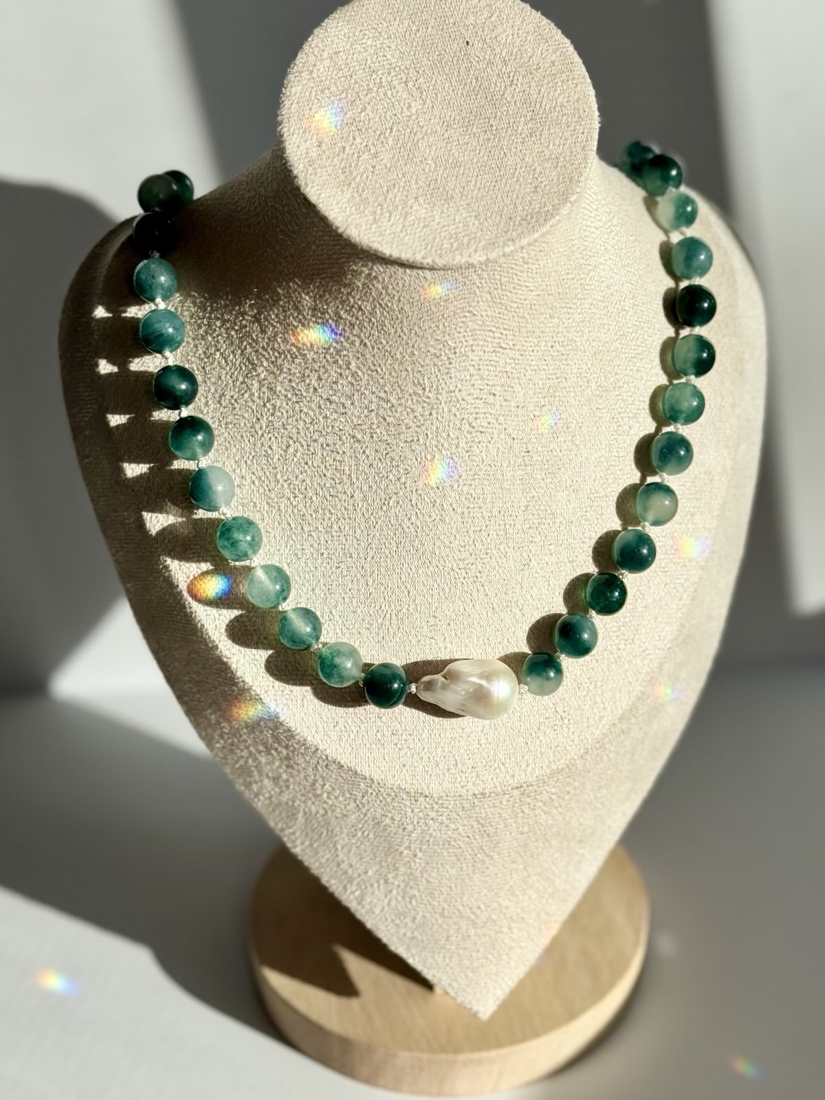 Mist Agate & Freshwater Pearl Knotted Necklace