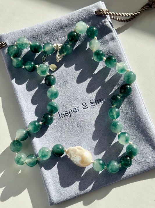 Mist Agate & Freshwater Pearl Knotted Necklace