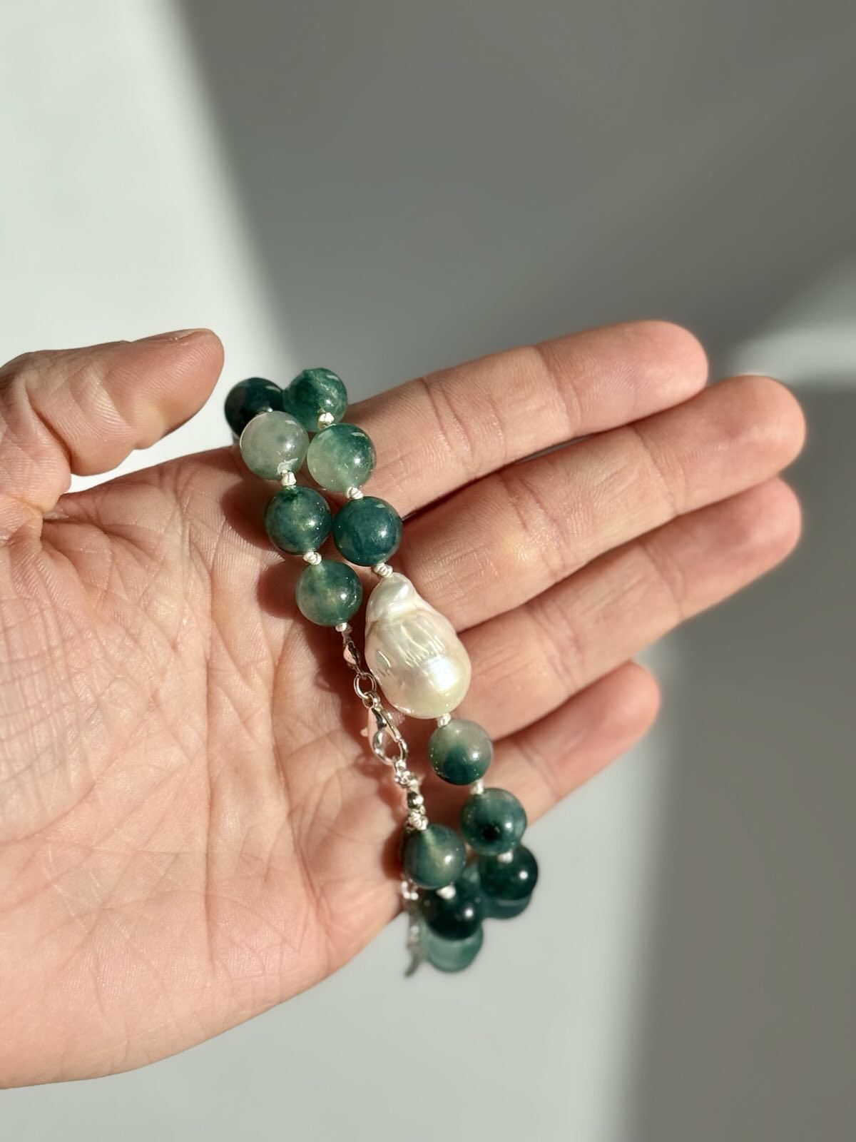 Mist Agate & Freshwater Pearl Knotted Necklace