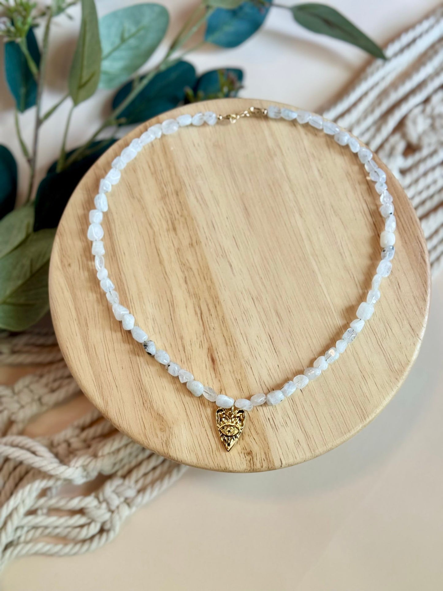Moonstone & Heart Pendant Charm Choker Necklace