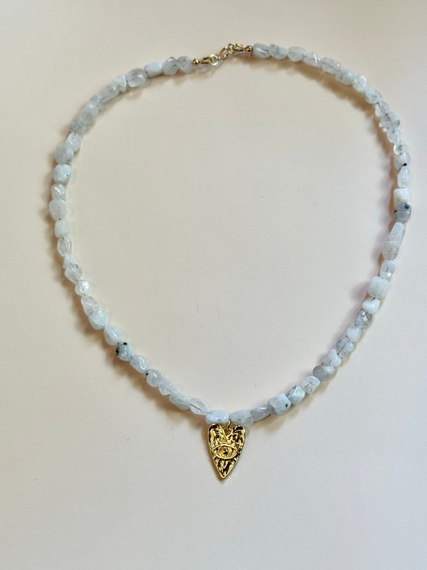 Moonstone & Heart Pendant Charm Choker Necklace