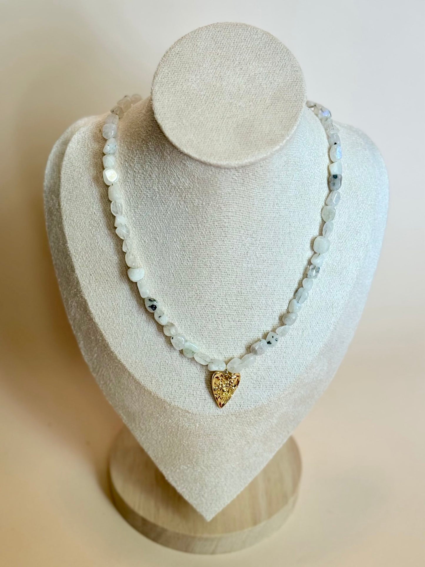 Moonstone & Heart Pendant Charm Choker Necklace