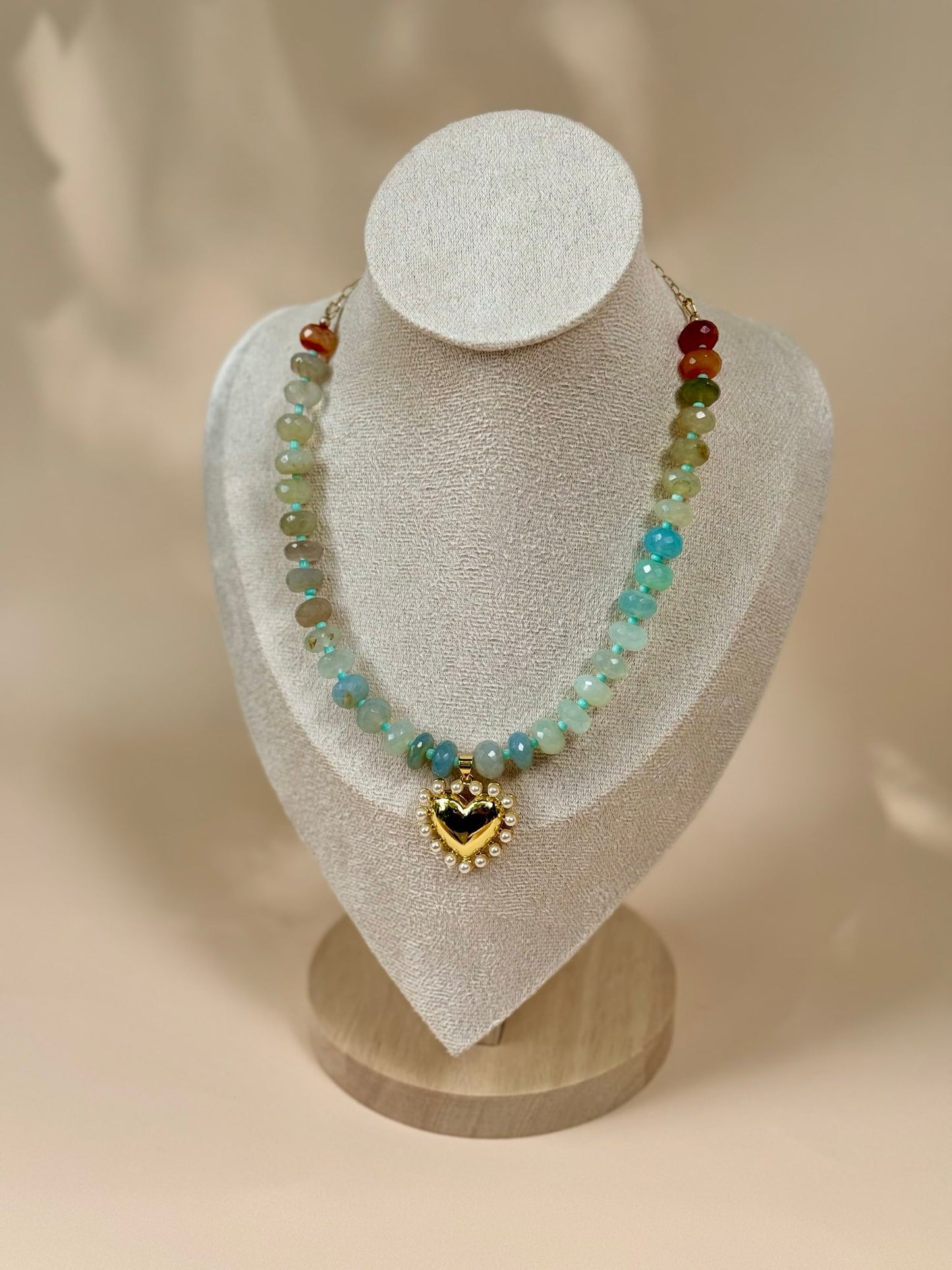 Amazonite and Pearl Heart Charm Gold Filled Necklace