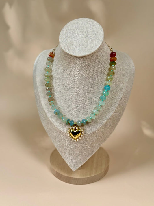 Amazonite and Pearl Heart Charm Gold Filled Necklace