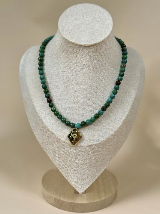 Green Turquoise and Hamsa Hand Pendant Charm Necklace