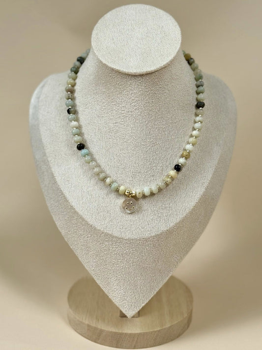 Amazonite and Mother of Pearl Smiley Face Charm Necklace