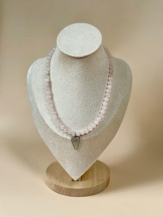 Mother of Pearl and Rose Quartz Heart Pendant Charm Necklace