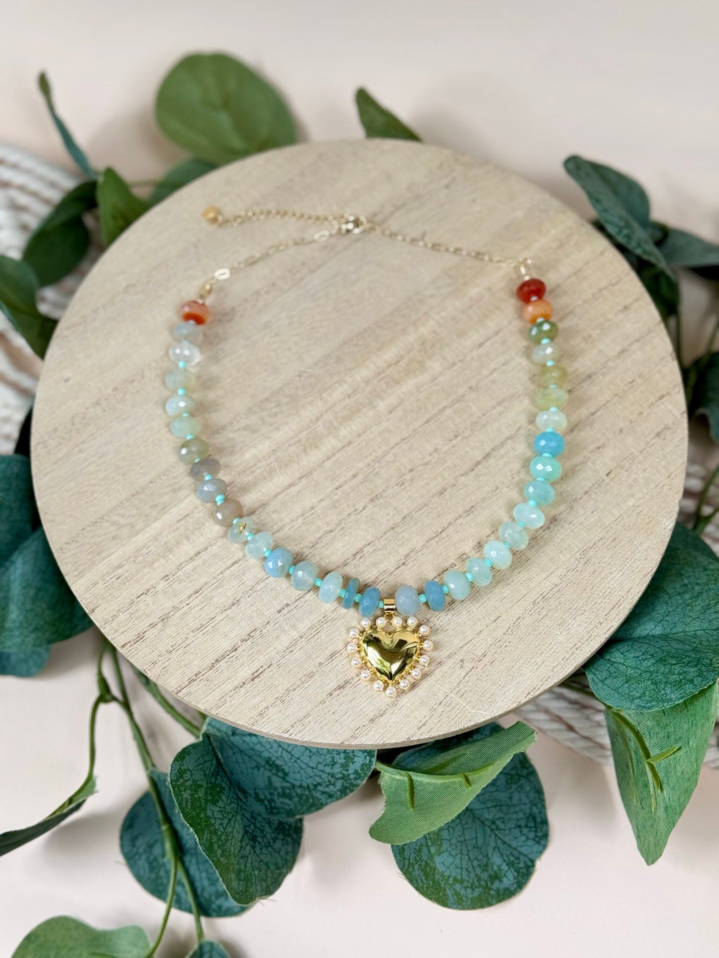 Amazonite and Pearl Heart Charm Gold Filled Necklace