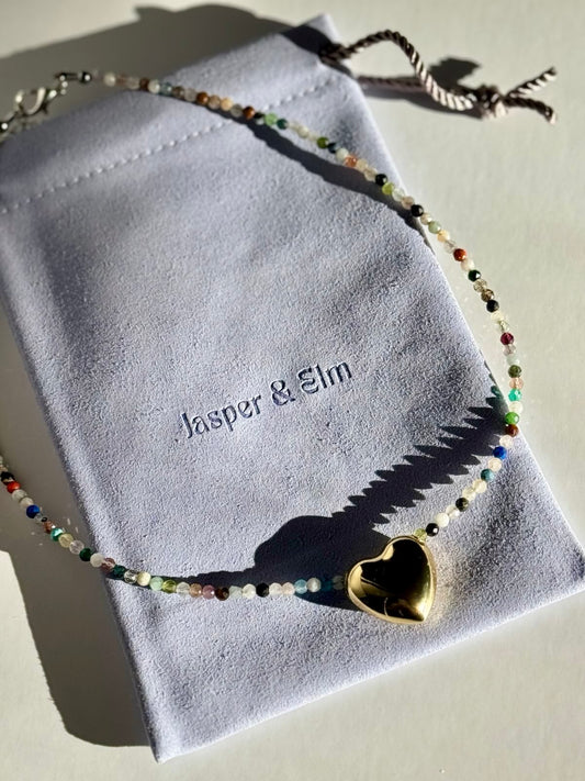 Dainty Gemstone and Gold-Filled Heart Charm Choker Necklace