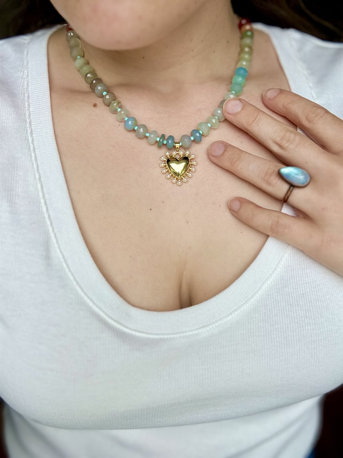 Amazonite and Pearl Heart Charm Gold Filled Necklace