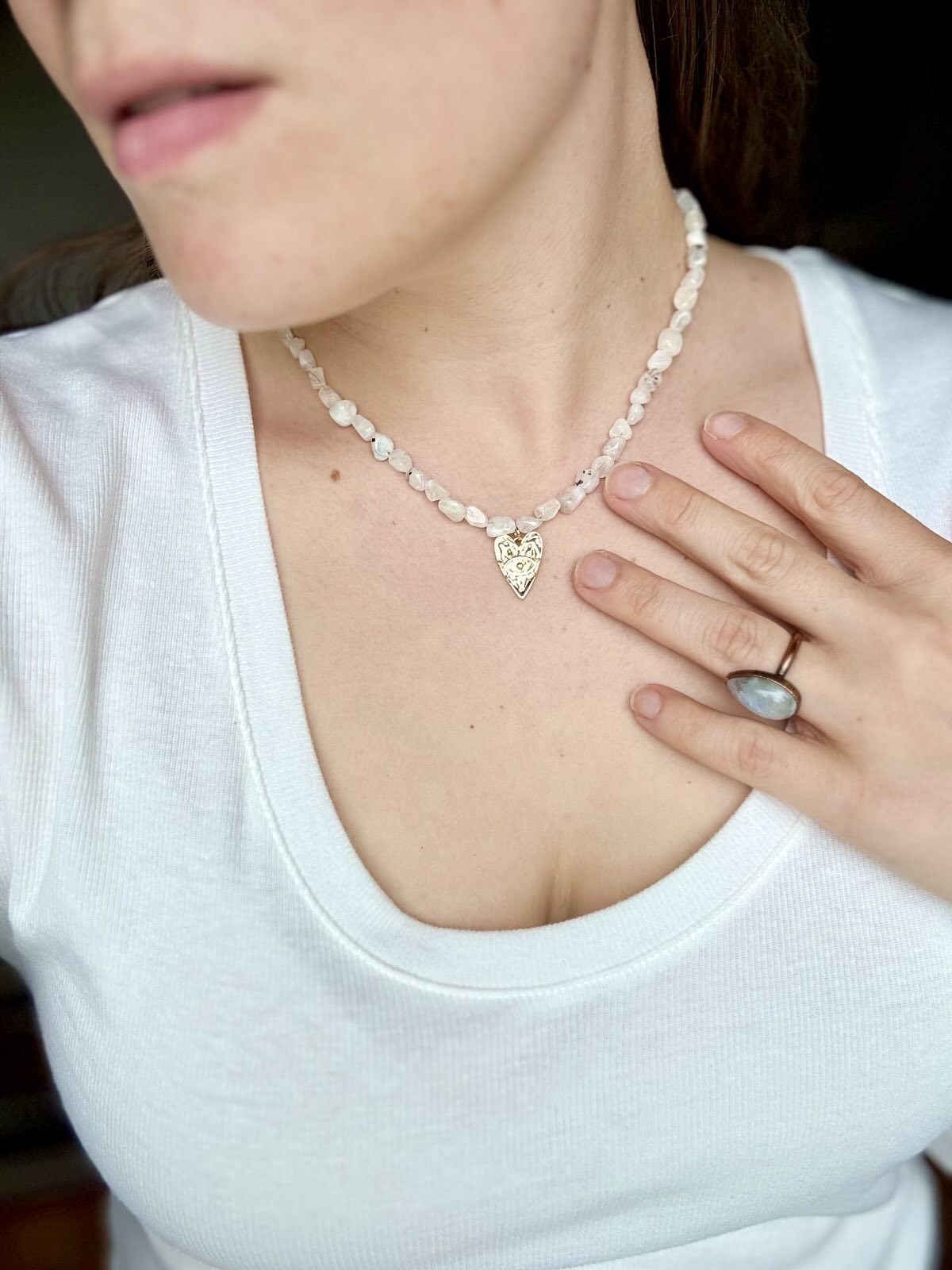 Moonstone & Heart Pendant Charm Choker Necklace