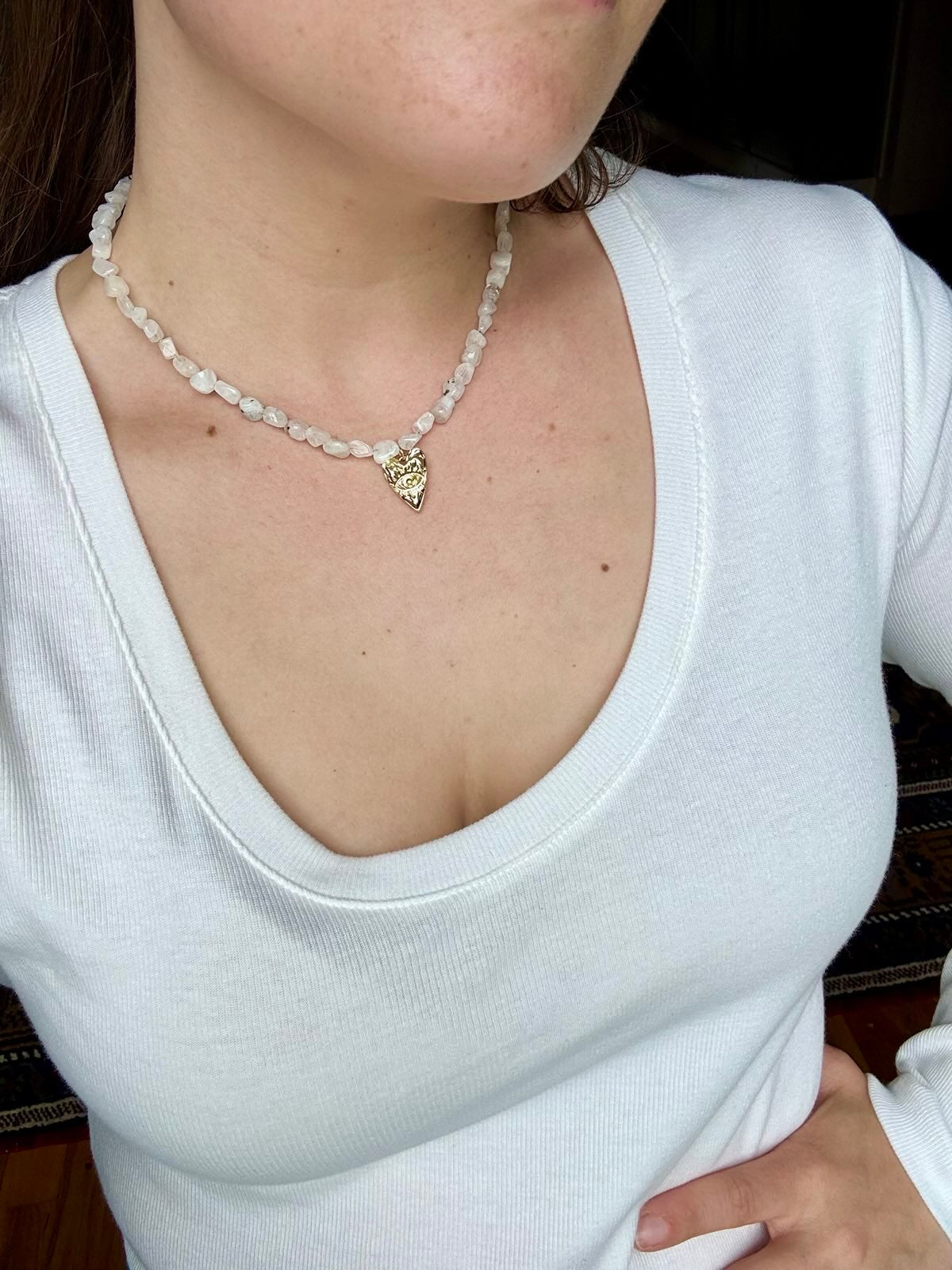 Moonstone & Heart Pendant Charm Choker Necklace