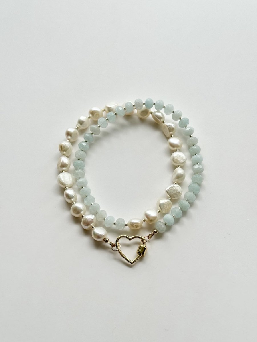 Heart Carabiner Freshwater Pearl and Dyed Jade Gold-Filled Statement Necklace