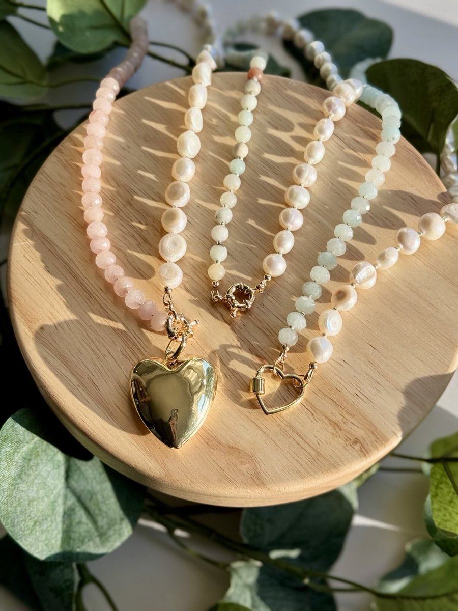 Heart Carabiner Freshwater Pearl and Dyed Jade Gold-Filled Statement Necklace