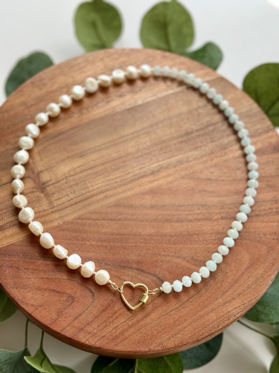 Heart Carabiner Freshwater Pearl and Dyed Jade Gold-Filled Statement Necklace