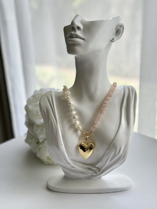 Jade, Freshwater Pearl, and Puffy Heart Charm Gold Filled Necklace