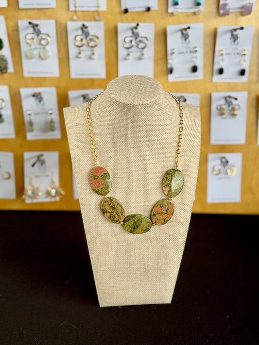 Unakite & Gold-Filled Chain Collar Statement Necklace