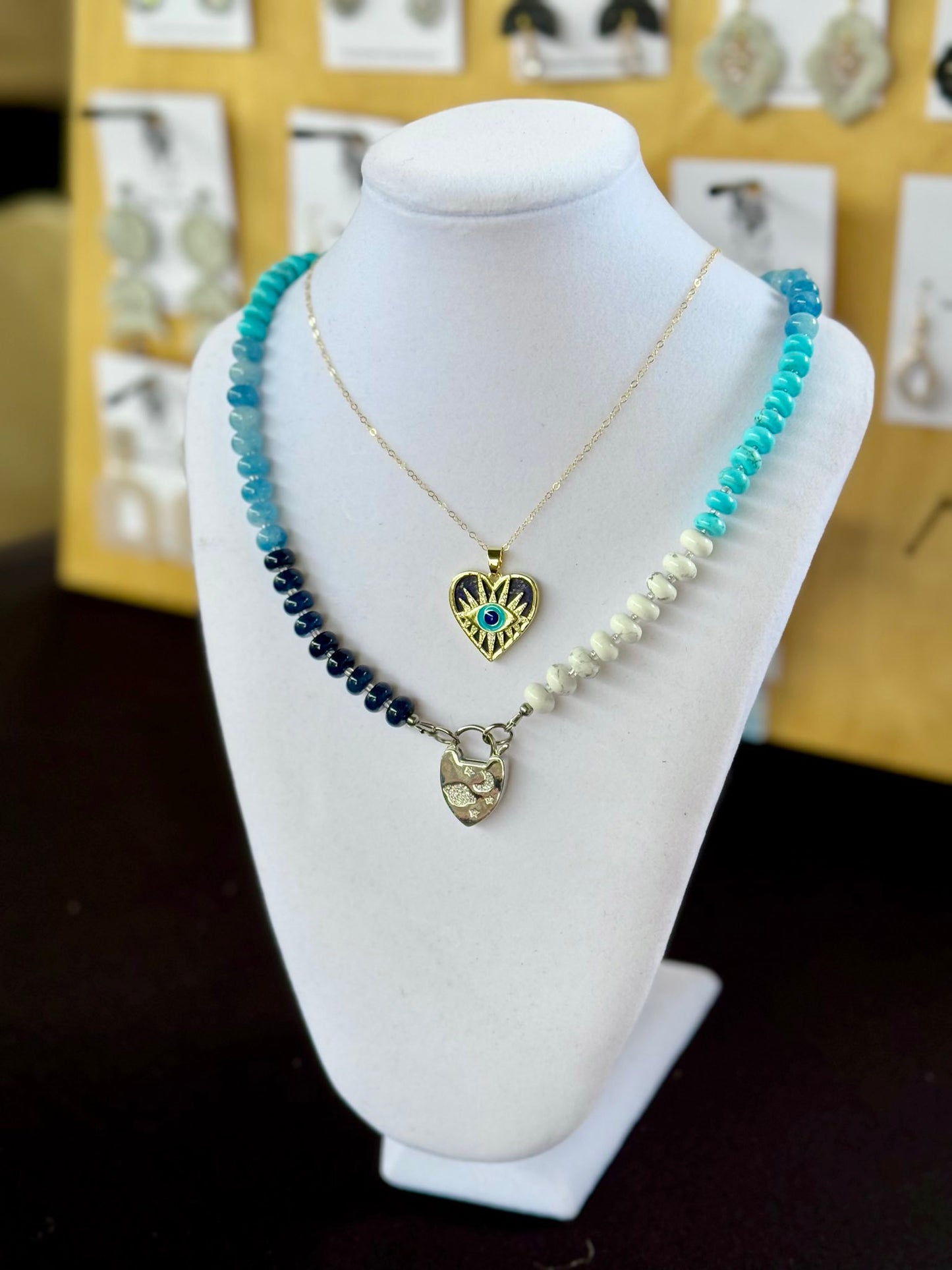 Blue Turquoise, Dyed Jade, and Howlite Beaded Gold-Filled Necklace with Celestial Lock Clasp