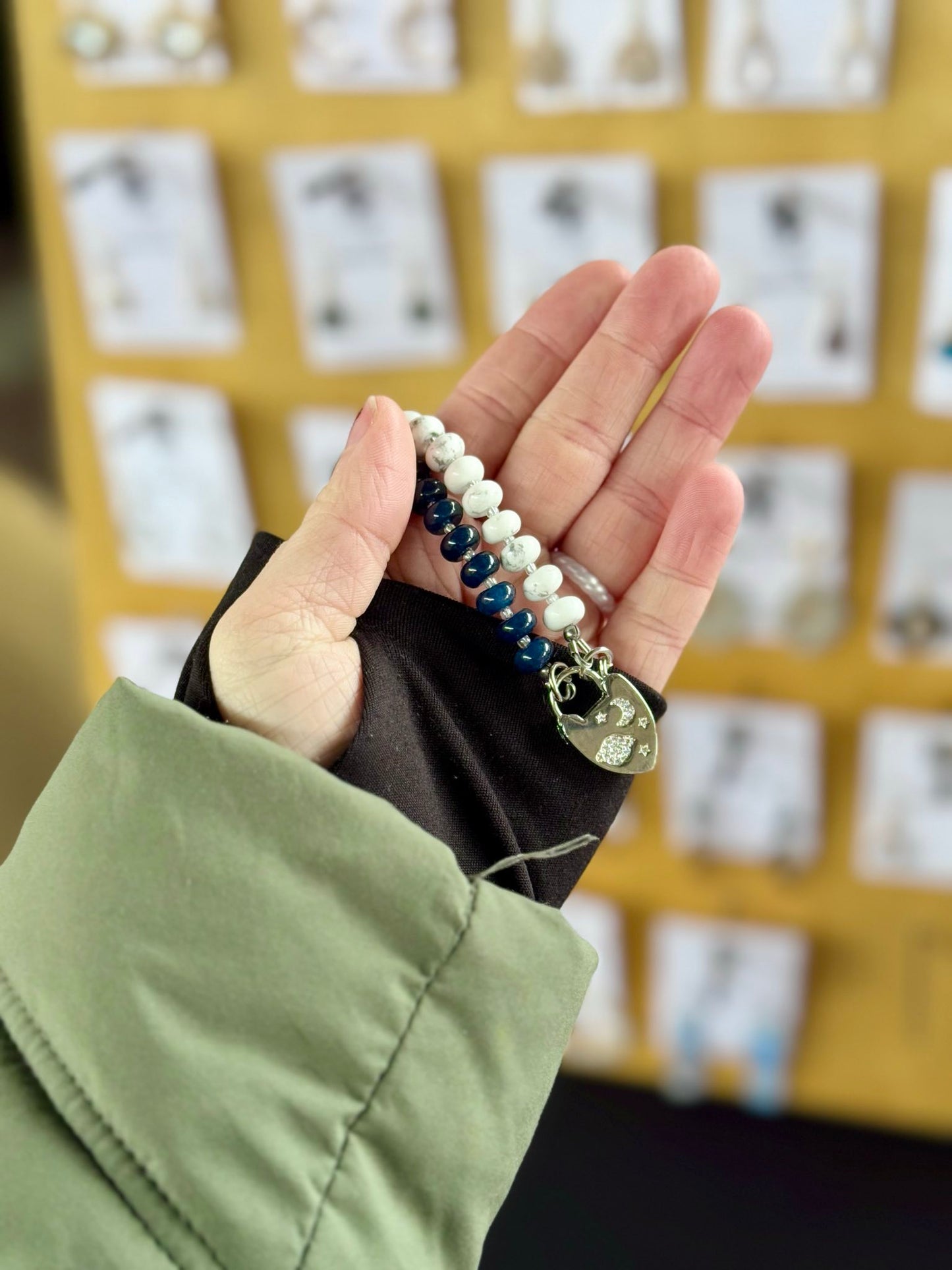 Blue Turquoise, Dyed Jade, and Howlite Beaded Gold-Filled Necklace with Celestial Lock Clasp